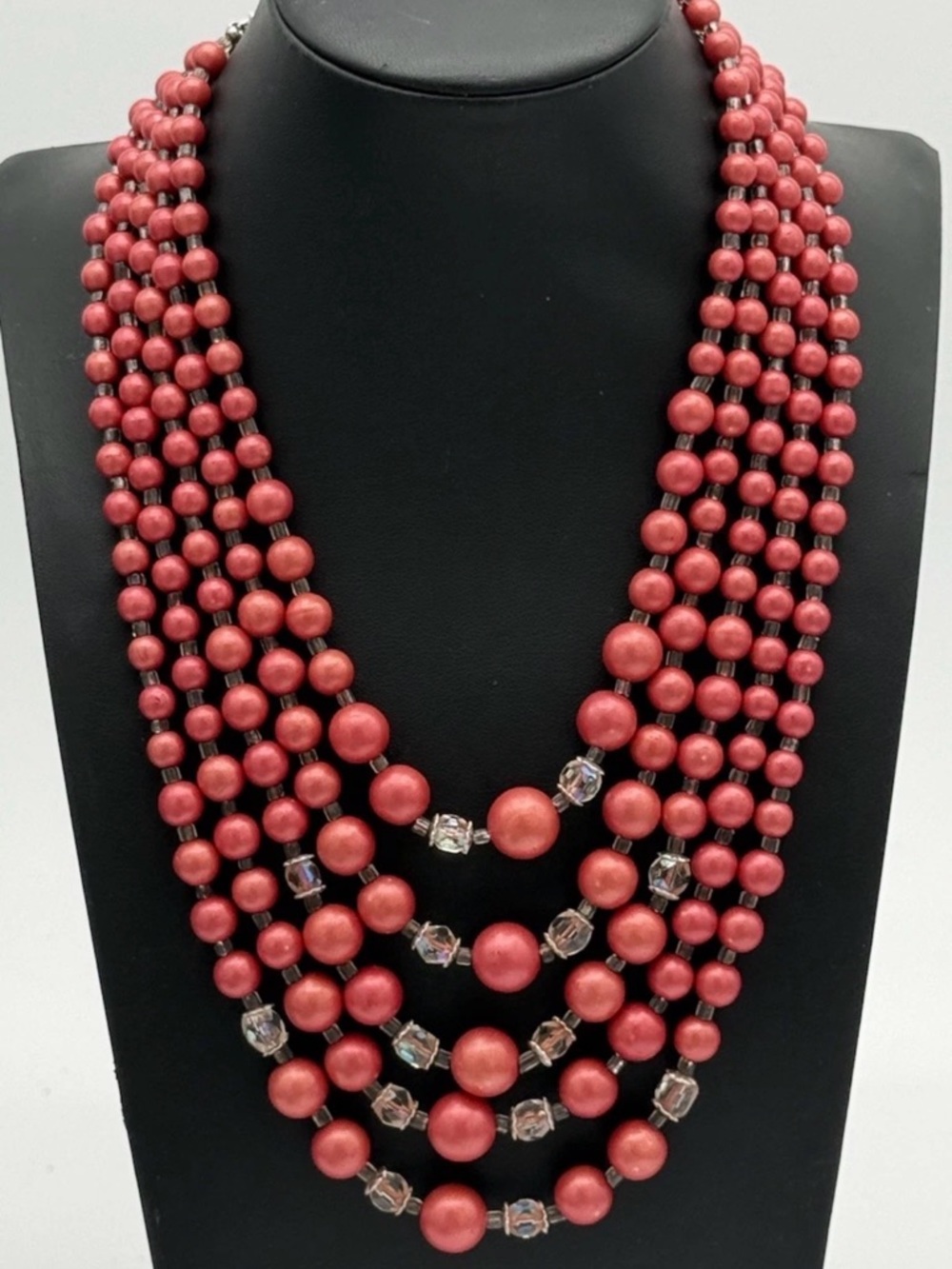 Vintage Japan 5-Strand Red Beaded Statement Necklace 20" Graduated Faux Coral